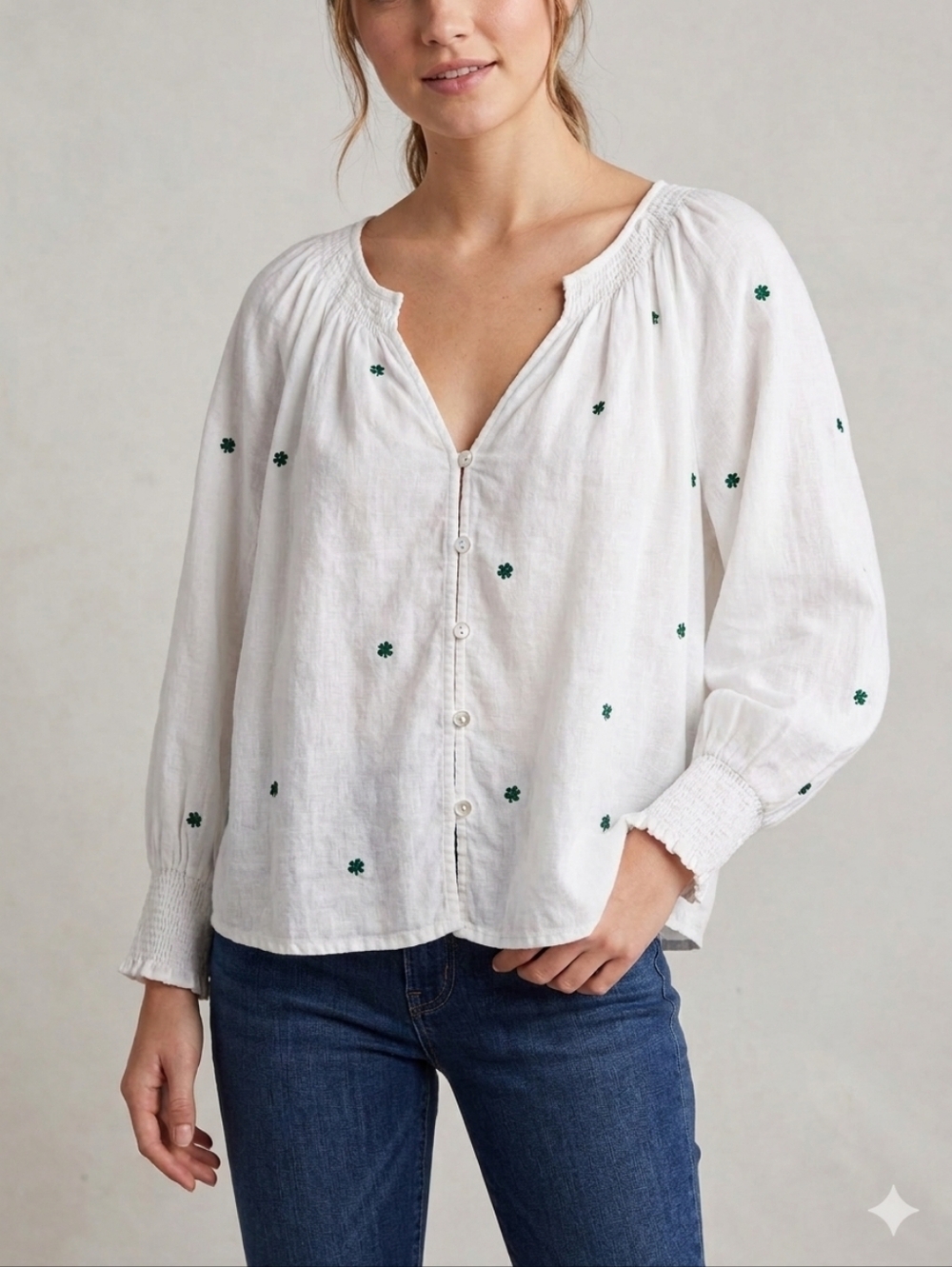 Rails Mariah Green Daisy Embroidered Linen Blouse, Size Medium - Picture 3 of 10